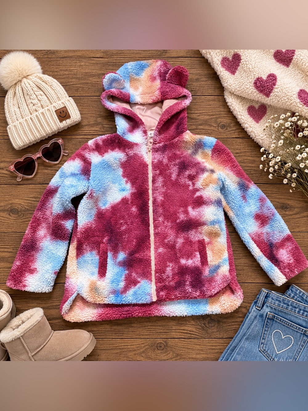 Tucker + Tate Girls Tie Dye Sherpa Fleece Hooded Zip Jacket Size 8